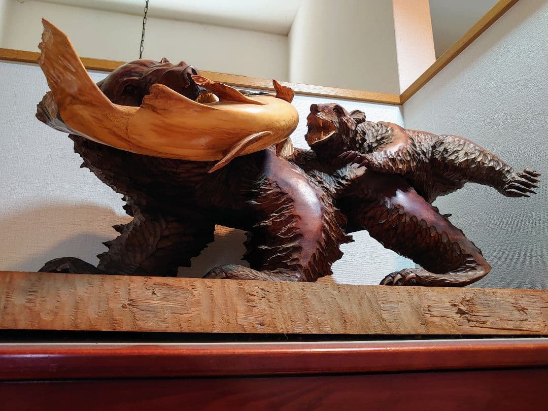 木彫り一刀彫り　親子熊　オブジェ