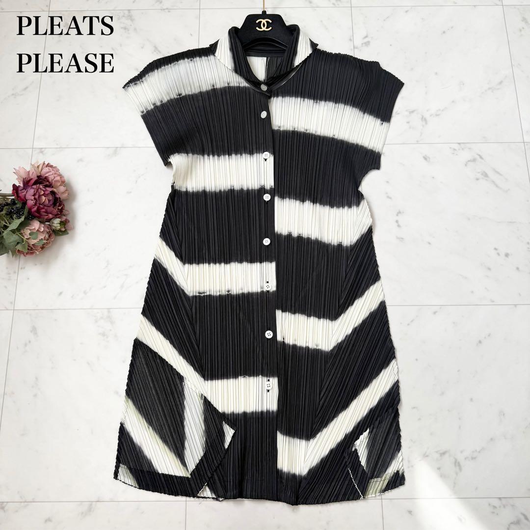 極美品❤️プリーツプリーズ　シャツ　チュニック　半袖　変形　ボーダー　Lサイズ