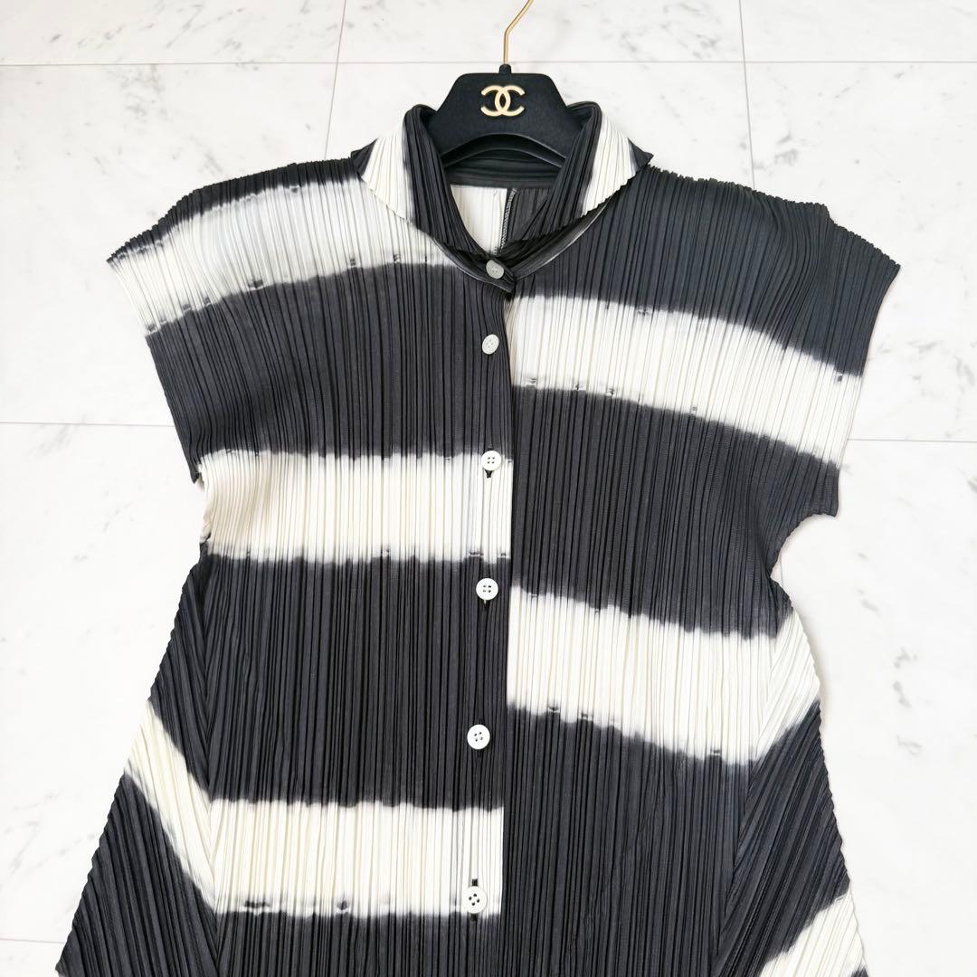 極美品❤️プリーツプリーズ　シャツ　チュニック　半袖　変形　ボーダー　Lサイズ