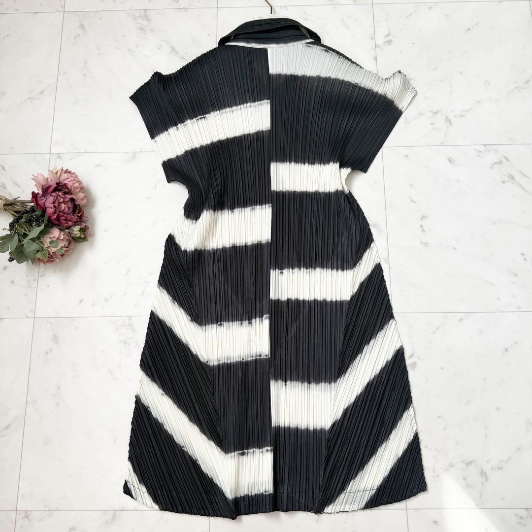 極美品❤️プリーツプリーズ　シャツ　チュニック　半袖　変形　ボーダー　Lサイズ