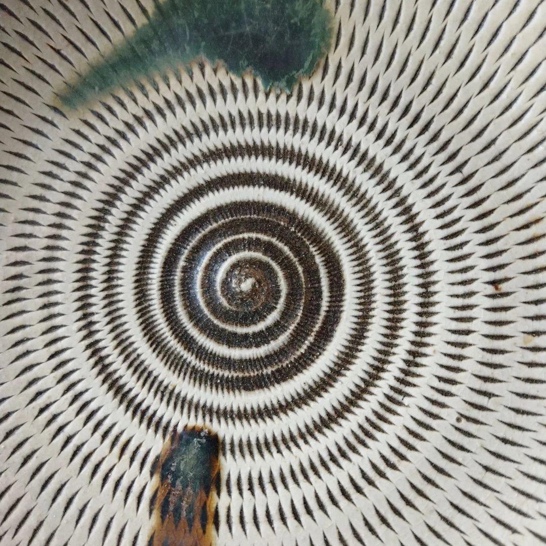 中皿　19cm　4枚　飛び鉋　打ち掛　緑釉飴釉　小石原焼　太田哲三　とびかんな