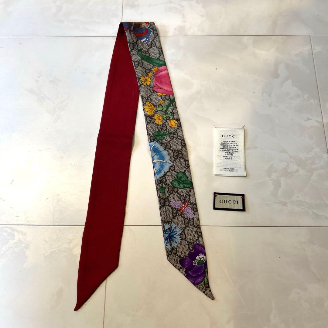 《12/16迄特価》 GUCCI スカーフ　赤　GGフローラプリントシルクリボン