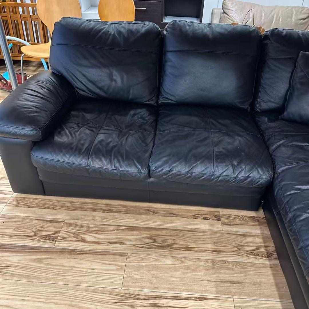 ニトリソファ本革合皮　右カウチ　ブラック3人掛けソファー