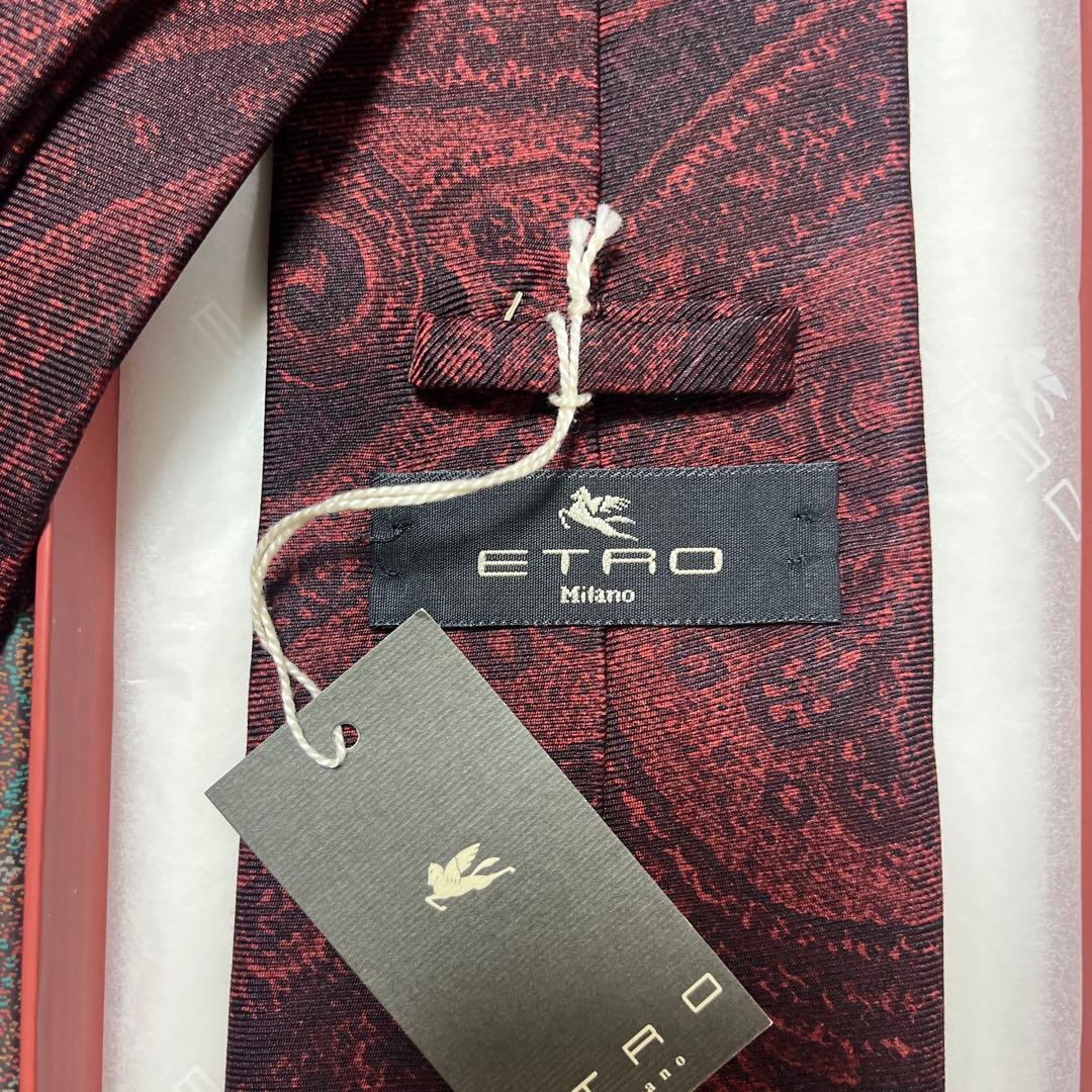 未使用タグ付　エトロ　ネクタイ　赤ボルドー　ペイズリー柄　シルクジャガード