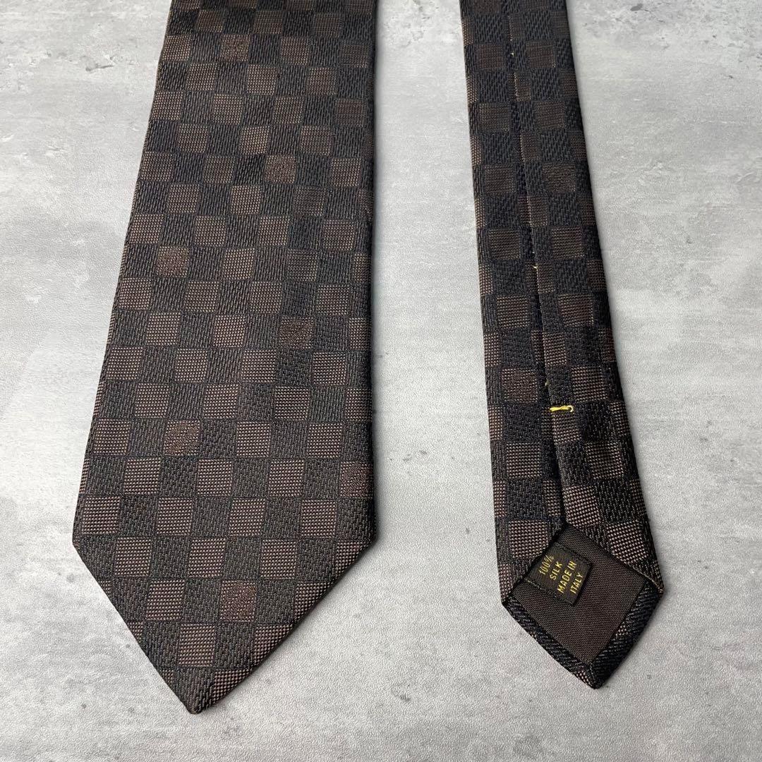 美品 LOUIS VUITTON ジャガード ダミエ 格子柄 ネクタイ ブラウン