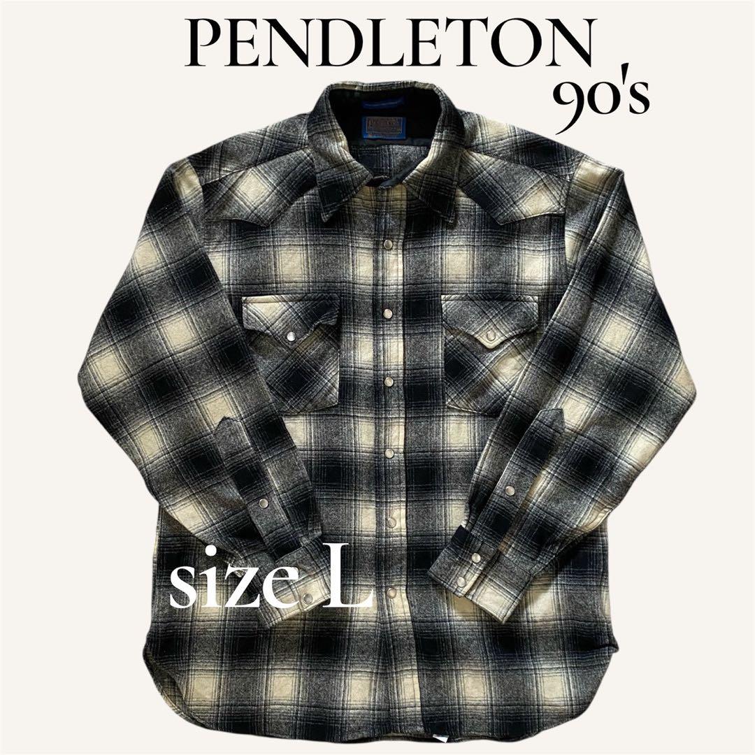 PENDLETON 90s シャドウチェック　オンブレ　白　黒　ペンドルトン　L