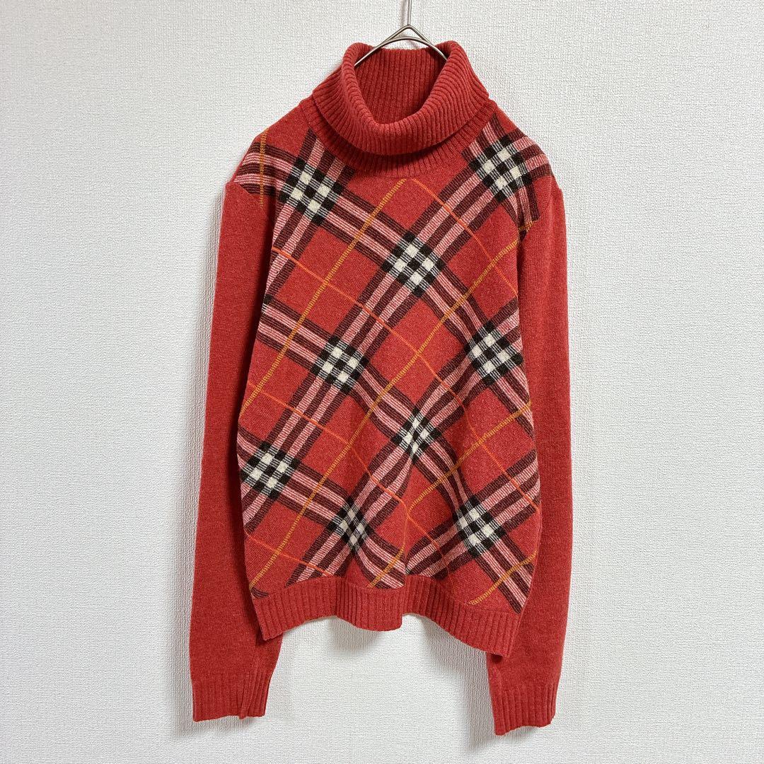 バーバリー◇ブルーレーベル【M】タートルネックニットセーター メガチェック柄 赤