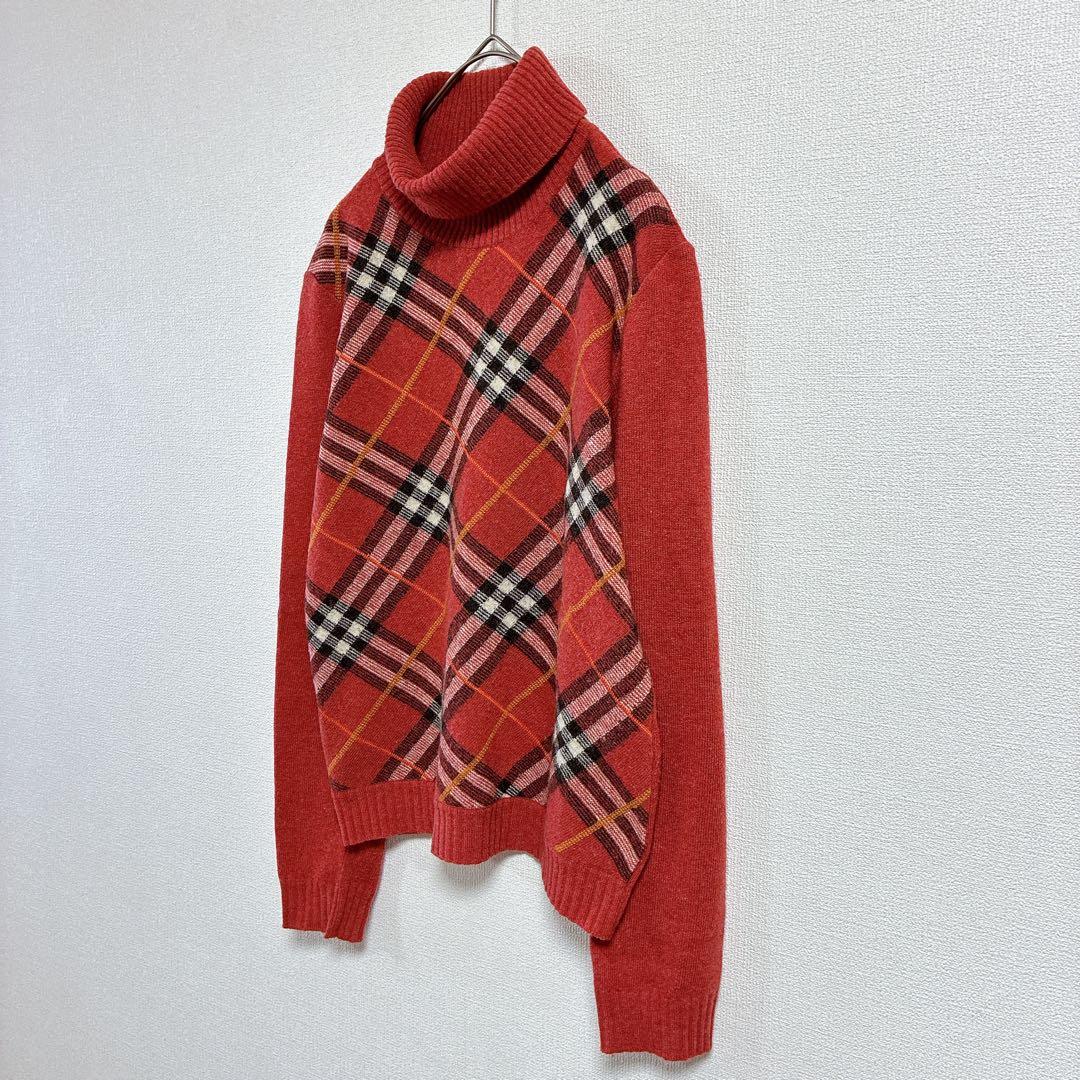 バーバリー◇ブルーレーベル【M】タートルネックニットセーター メガチェック柄 赤