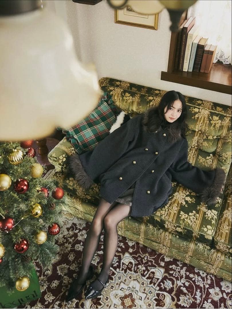 【Andequal】collar fur cocoon coat(チャコール)