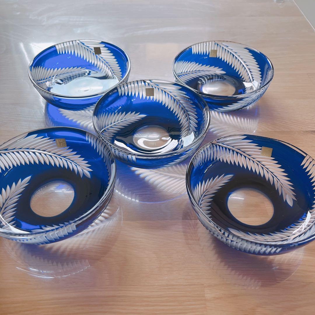 色被せ硝子　ルリ切子　5枚　深