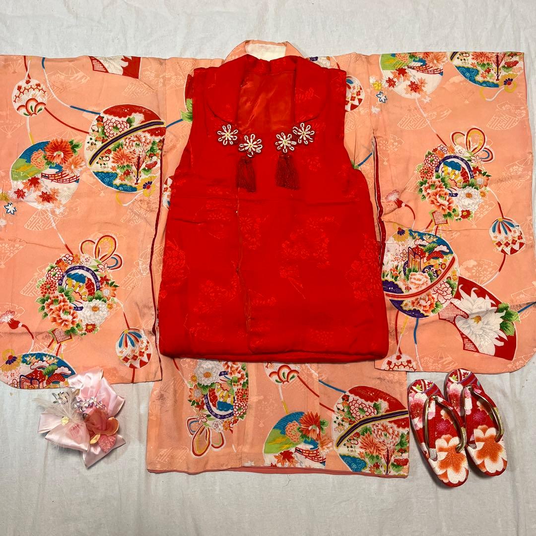 七五三　3歳　アンティーク　着物　ピンク　被布　正絹