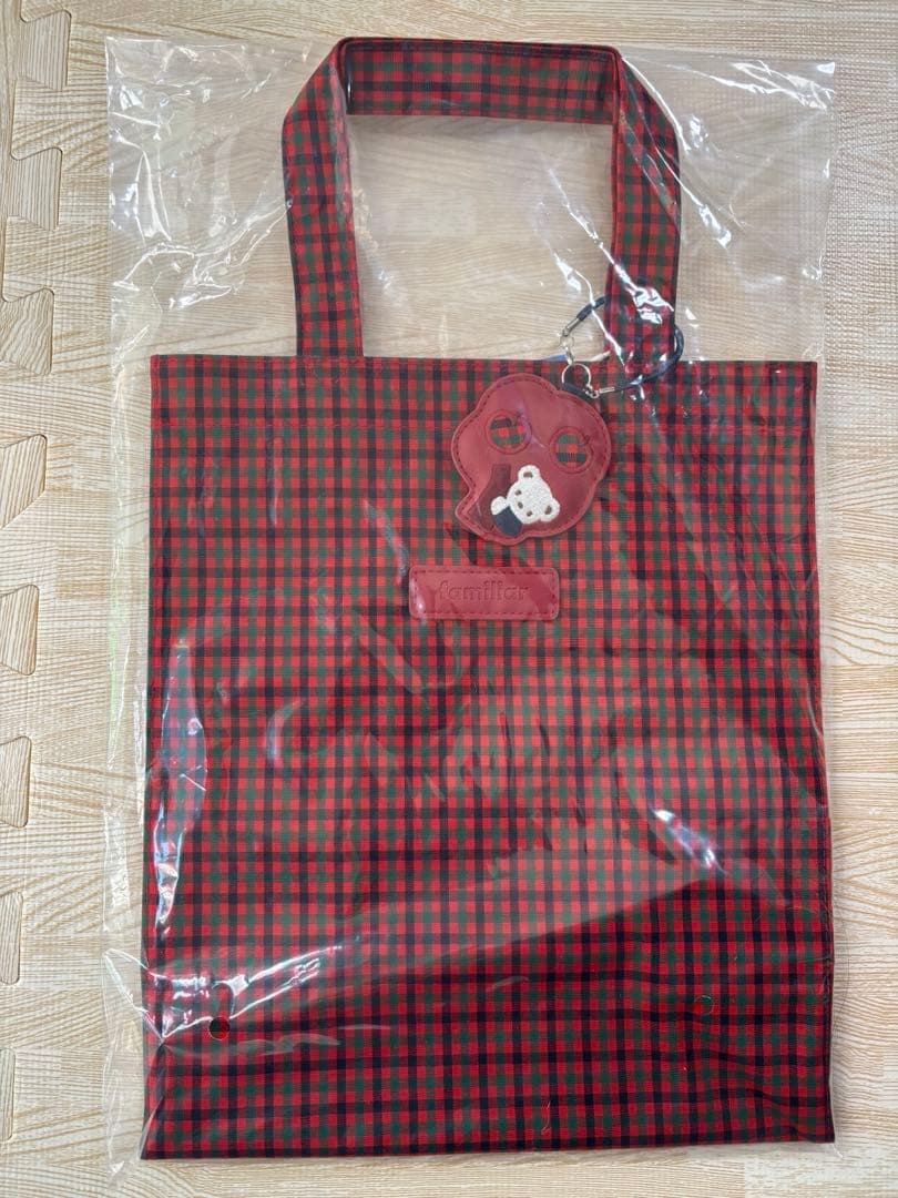 ファミリア トートバッグ ギンガムチェック 赤系 大