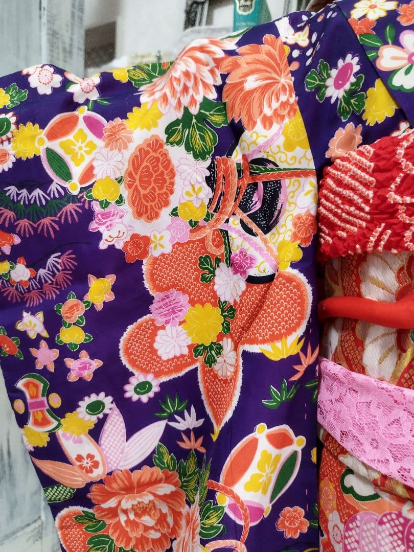 アンティーク百花繚乱☆紫の着物と作り帯のセット