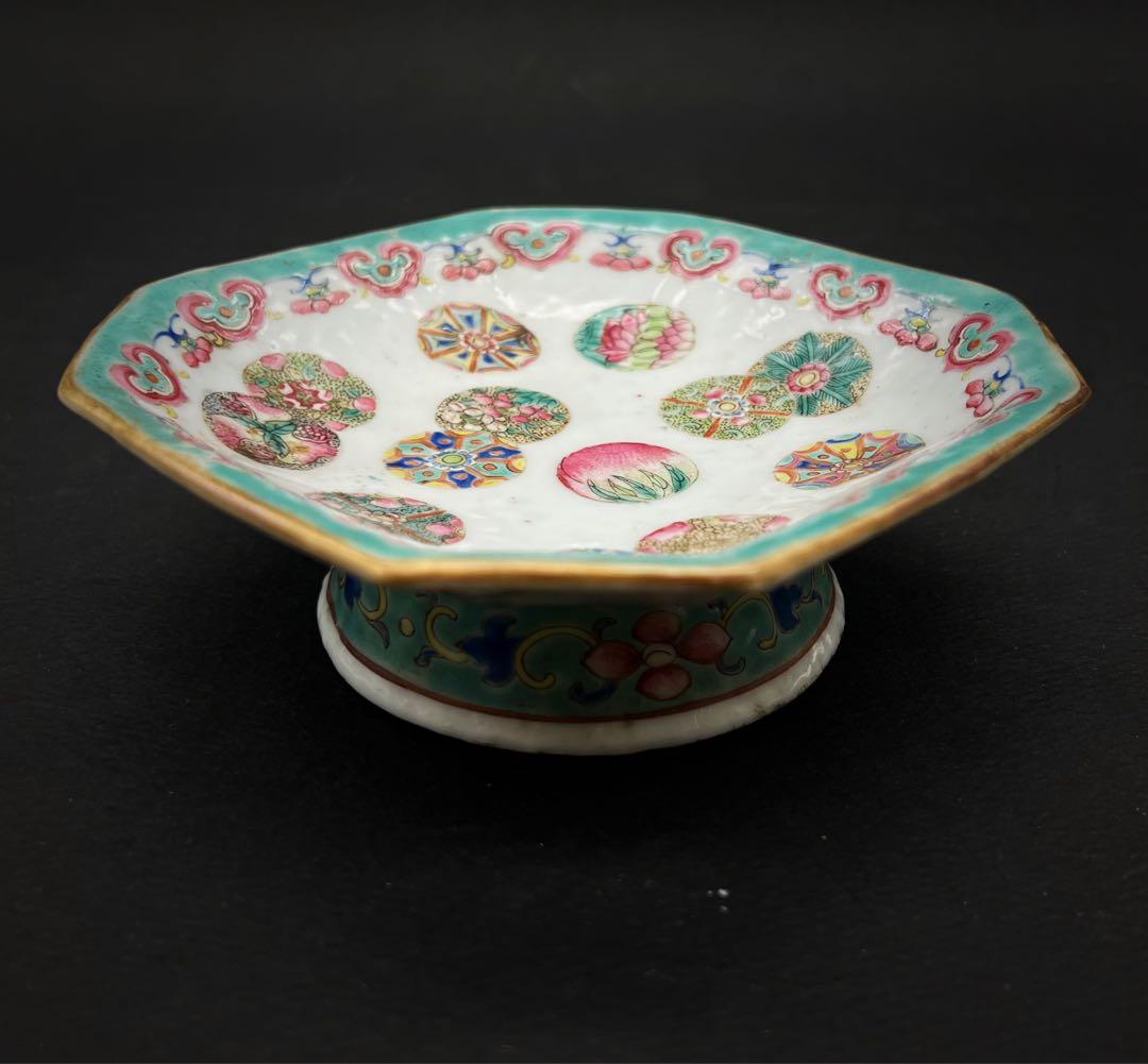 中国美術 古玩 清代 同治 六角粉彩皮球花紋樣 高足盤