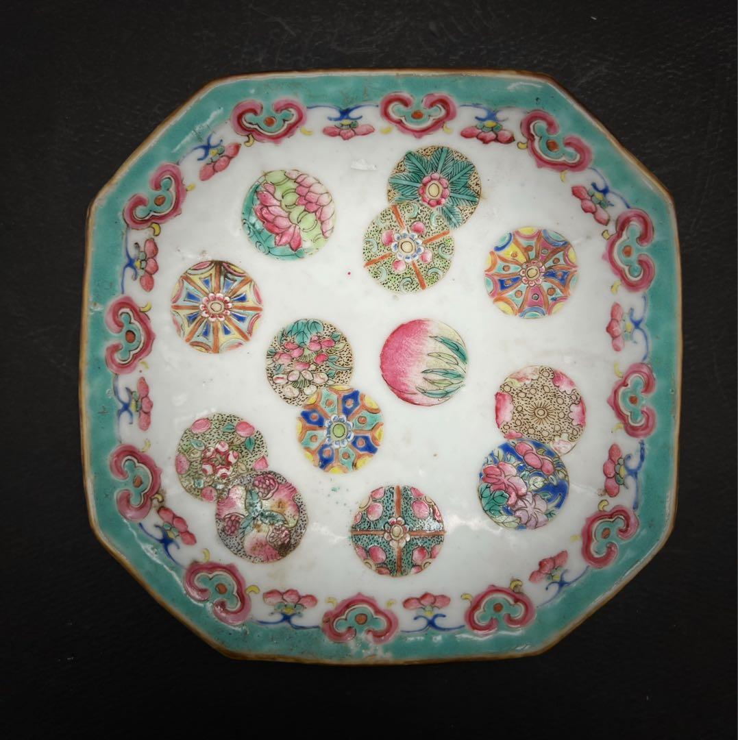 中国美術 古玩 清代 同治 六角粉彩皮球花紋樣 高足盤