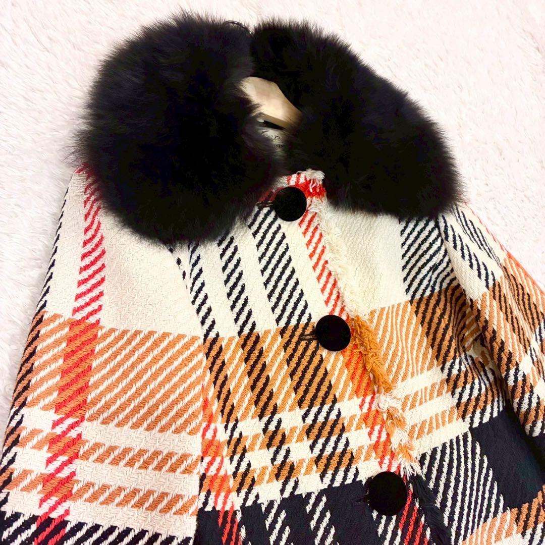 グレースコンチネンタル ロングコート 36 ツイード チェック フォックスファー