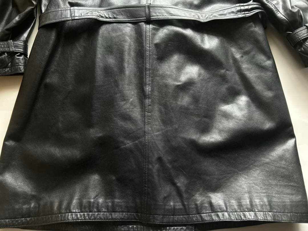 vintage牛革オールレザー ダブル トレンチコート ブラック ロング ベルト