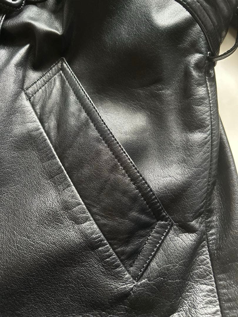 vintage牛革オールレザー ダブル トレンチコート ブラック ロング ベルト