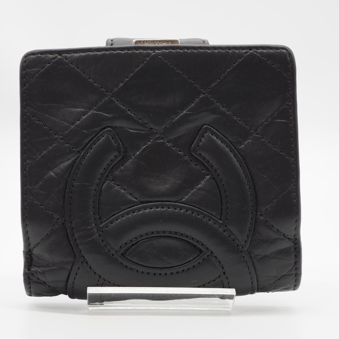 CHANEL シャネル カンボンライン コンパクト がま口 二つ折り財布 黒×黒