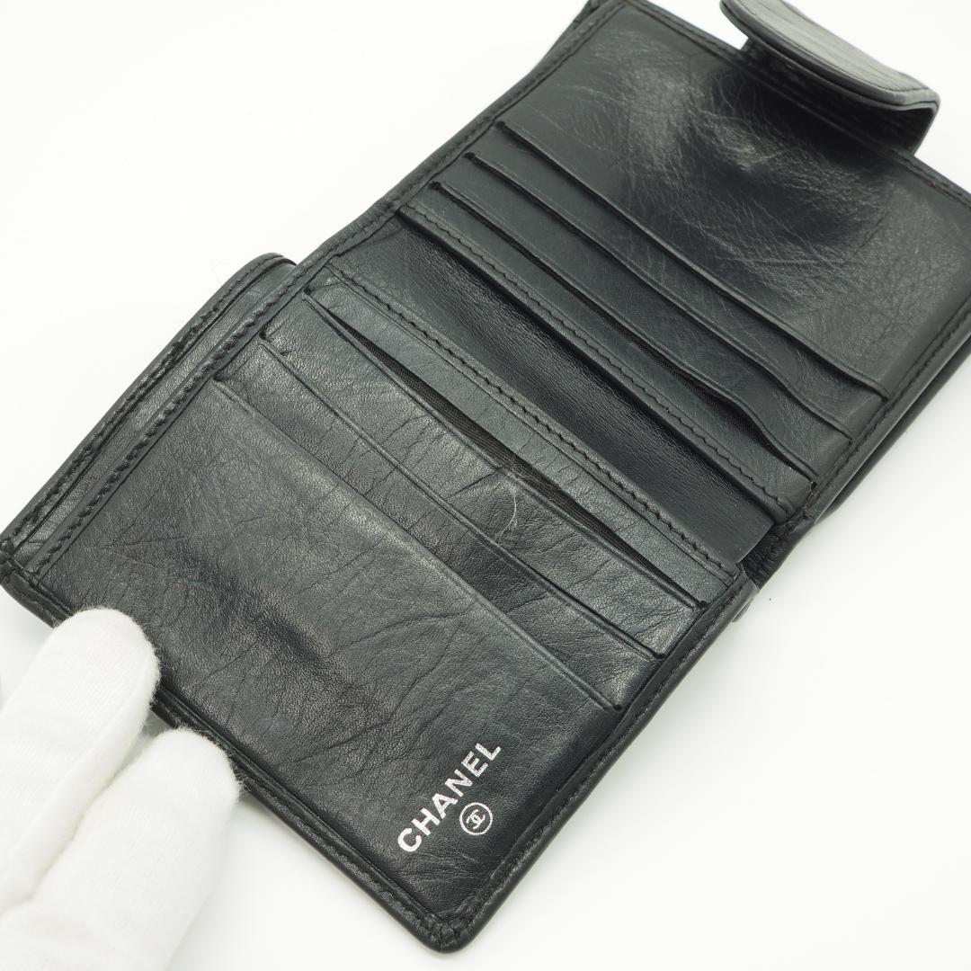 CHANEL シャネル カンボンライン コンパクト がま口 二つ折り財布 黒×黒