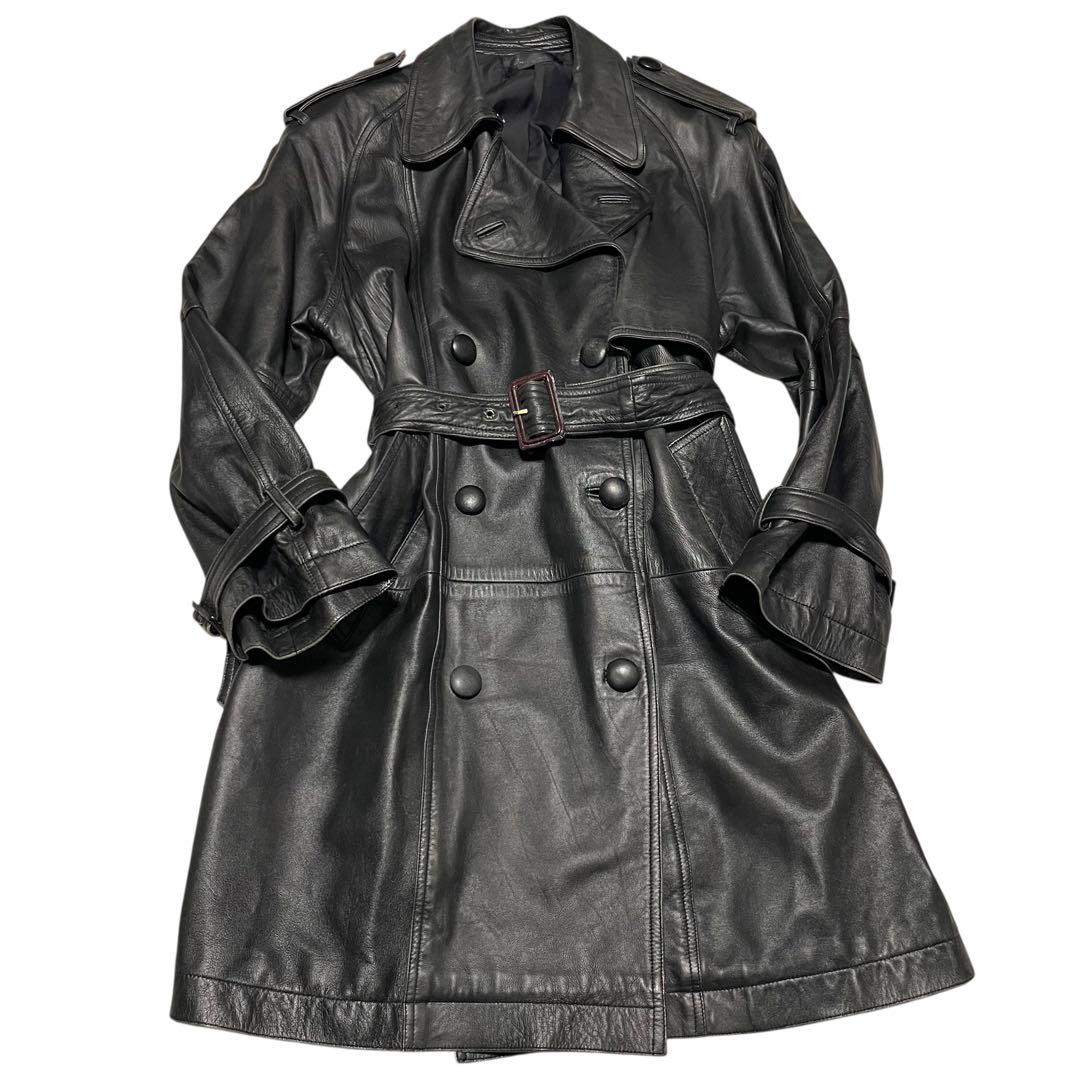 【vintage】羊革 本革 マキシ丈ラムレザートレンチコート ブラック M