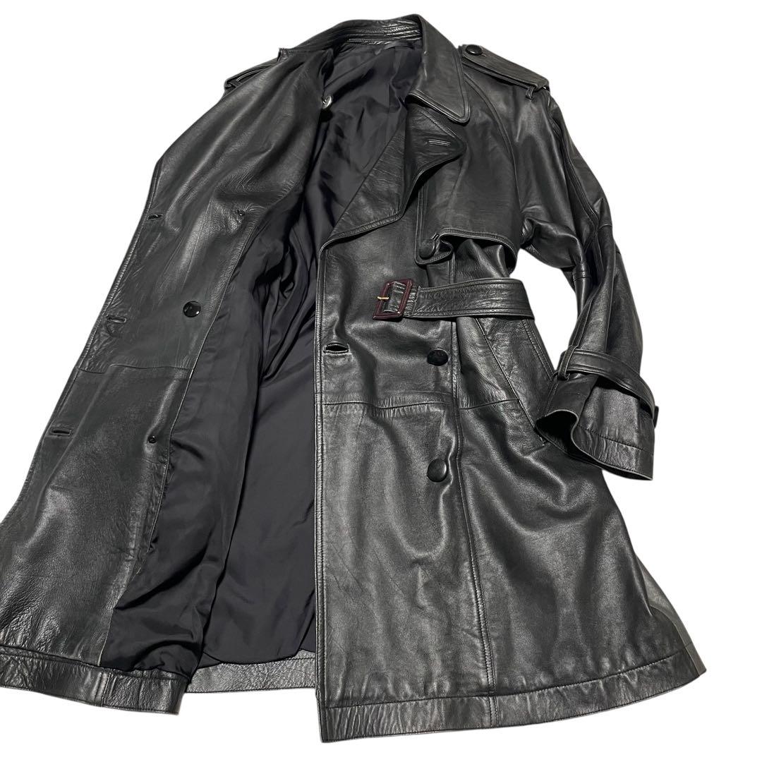 【vintage】羊革 本革 マキシ丈ラムレザートレンチコート ブラック M