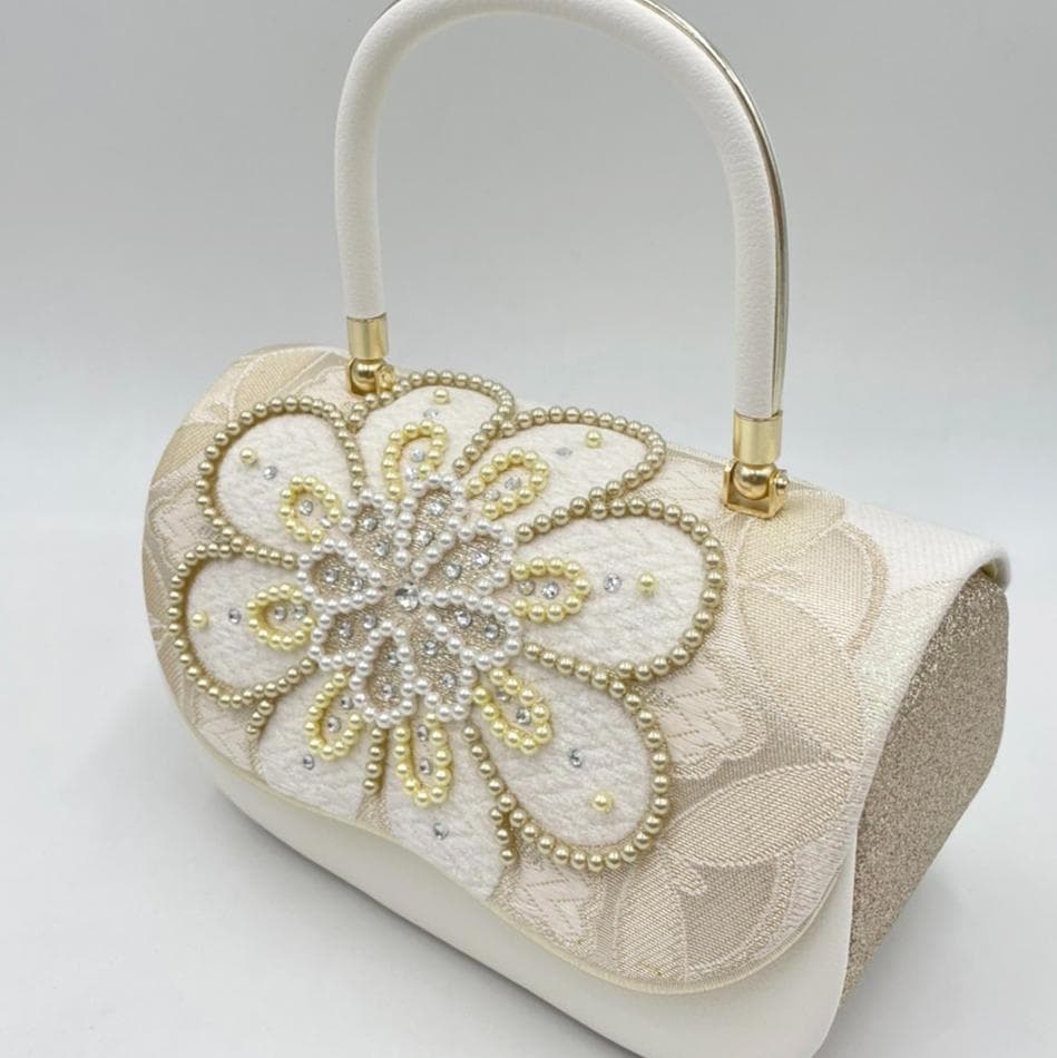 豪華ビーズパール刺繍 西陣帯地　　振袖バッグ草履セット 　アイボリー