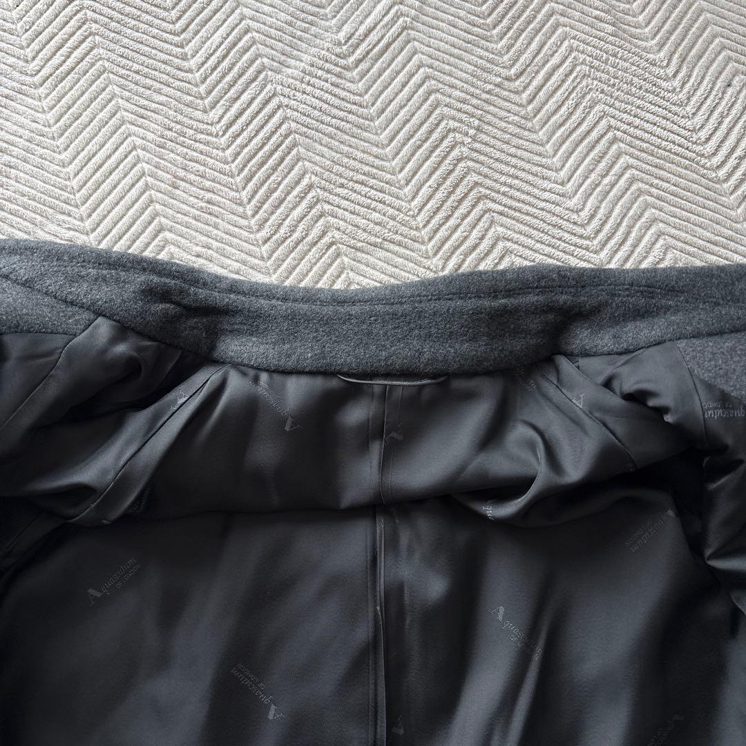 美品【アンゴラ70%】アクアスキュータム　ウールコートM　灰　膝丈　裏ロゴ総柄