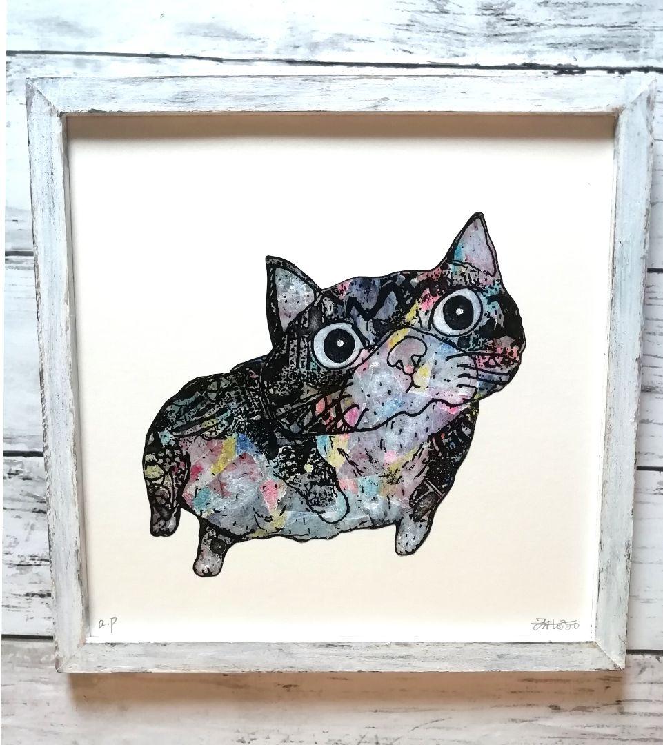 額付き銅版画応用絵画「プカプカ猫」