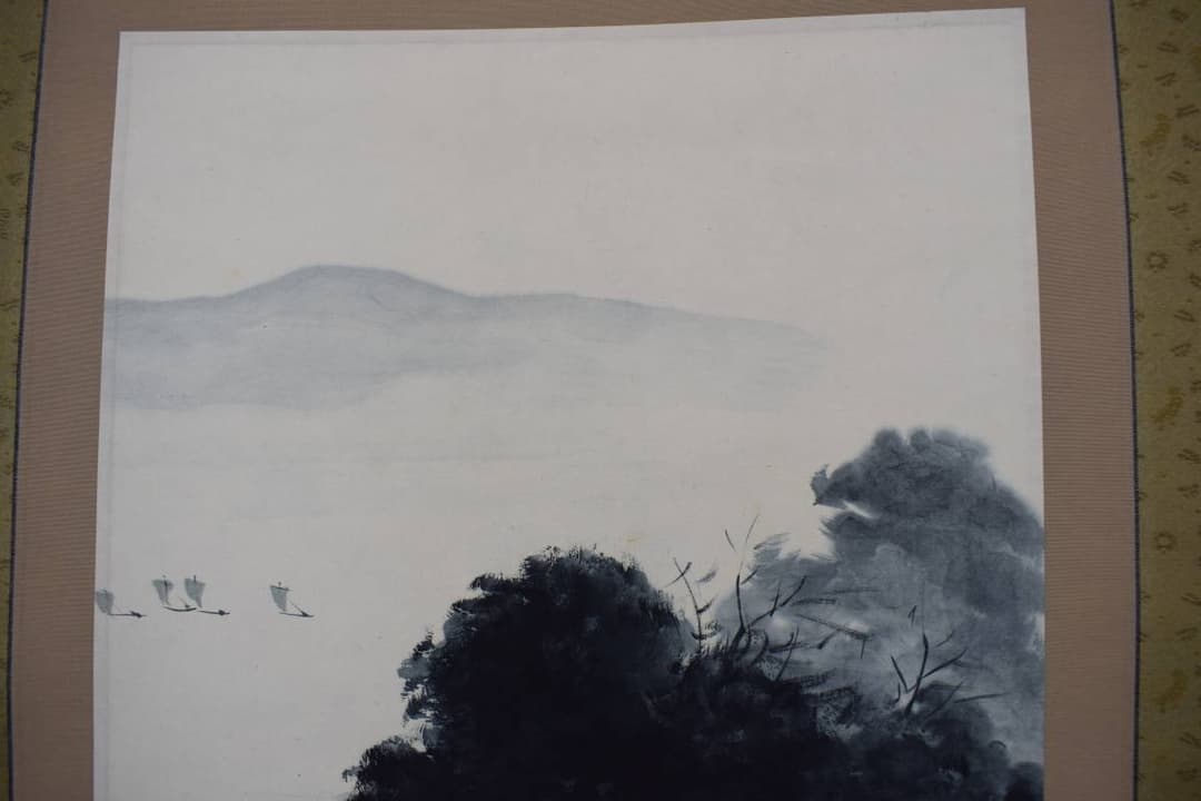 【真作】杉原元人/水墨山水図/漁舟晴天/掛軸☆宝船☆Y-418　JM