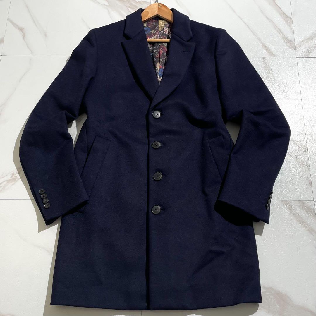 美品 ポールスミス 花柄 チェスターコート ロング丈 ネイビー アウター 203