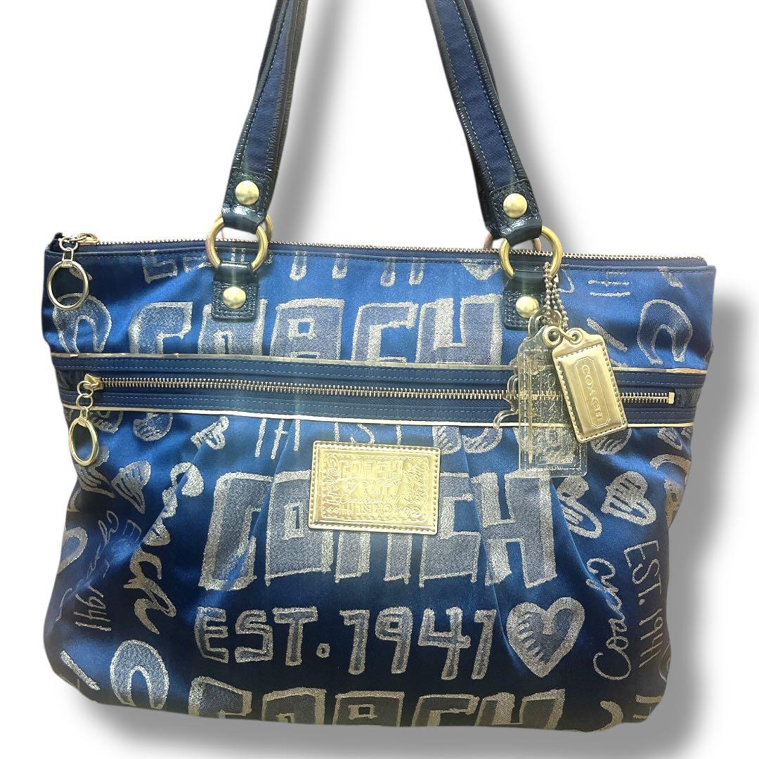 【極美品★人気】COACH POPPYトートバッグ ネイビー 肩掛け A4