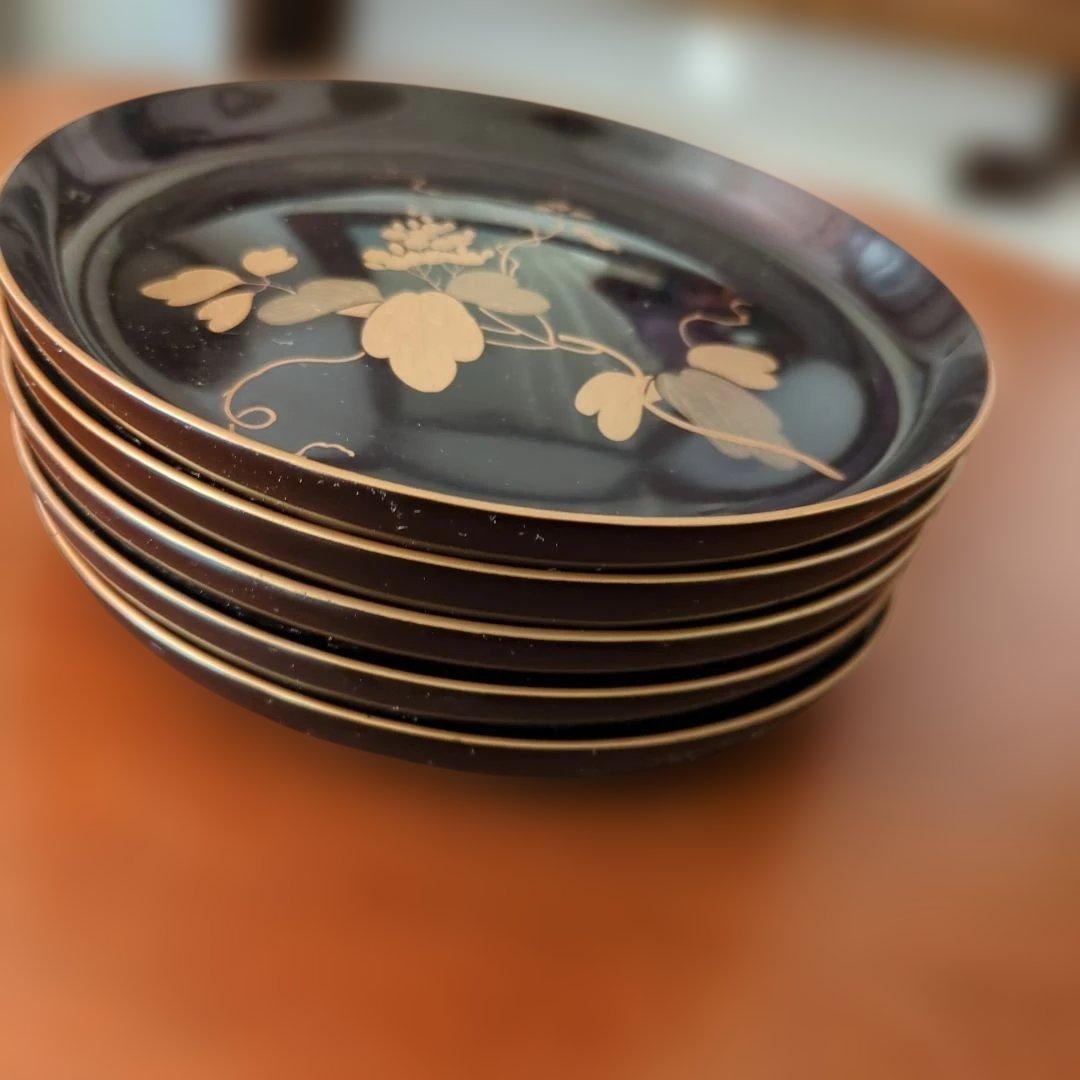 骨董　木皿　蒔絵　図変わり　草花　漆器　金彩　盆　丸盆　5枚