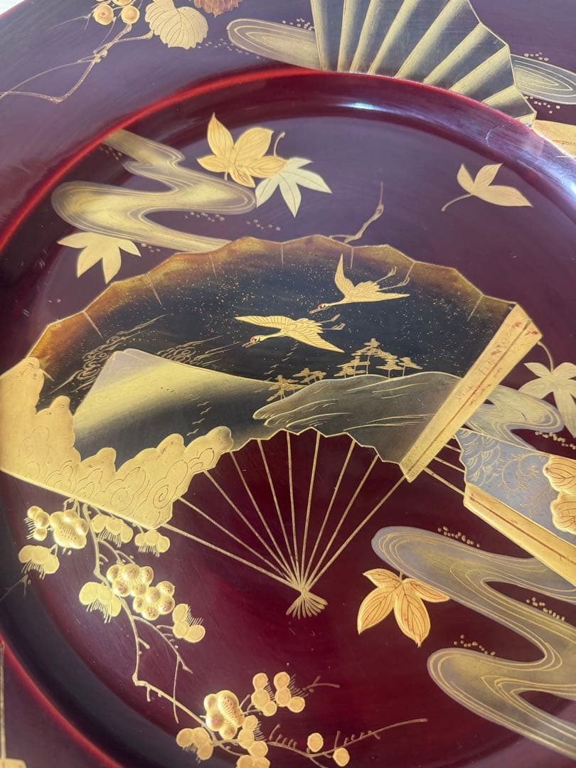 2440 木製金蒔絵　鶴扇果実文　大皿 丸皿 飾皿  37cm  時代物