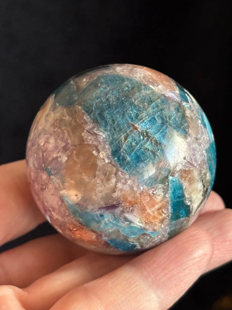 アパタイト&サンストーン&レピドライト&トルマリン共生　スフィア　5.25cm