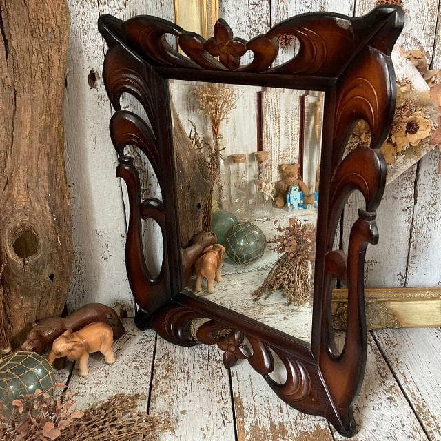 ヴィンテージ*アイヌ 彫刻*古い 木彫り ウッドフレーム ウォールミラー壁掛け鏡