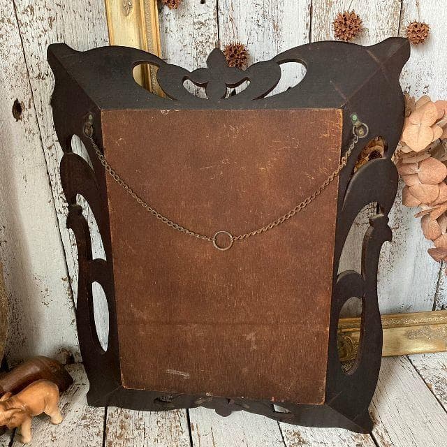 ヴィンテージ*アイヌ 彫刻*古い 木彫り ウッドフレーム ウォールミラー壁掛け鏡