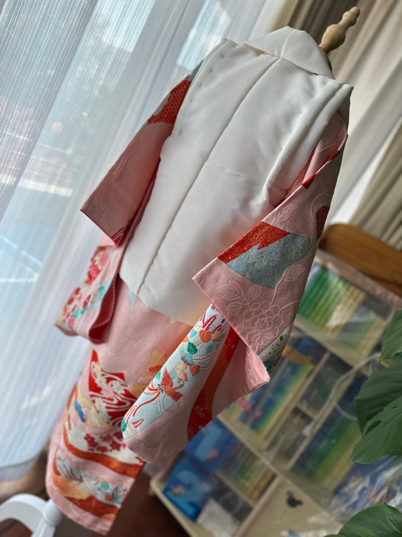 3歳用 七五三セット ピンクに熨斗柄キモノとアイボリーの被布、長襦袢3点セット