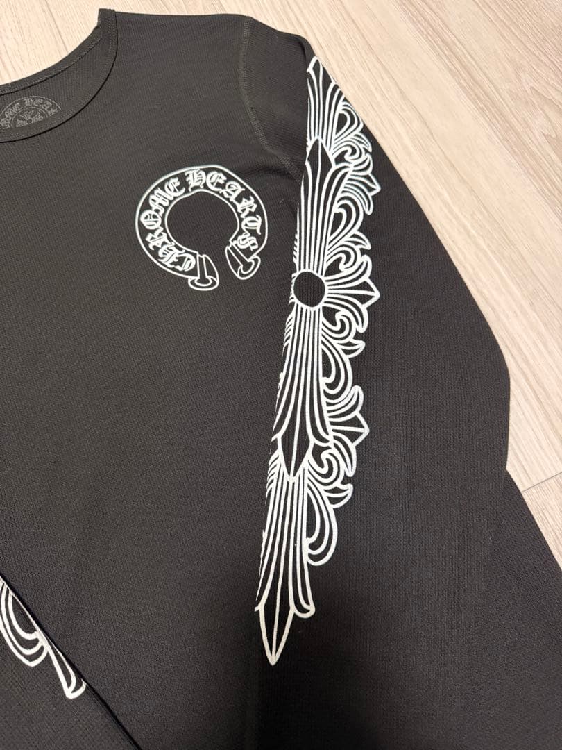 クロムハーツ 人気柄ホースシューフローラルクロス　サーマル　ロンT ブラックL