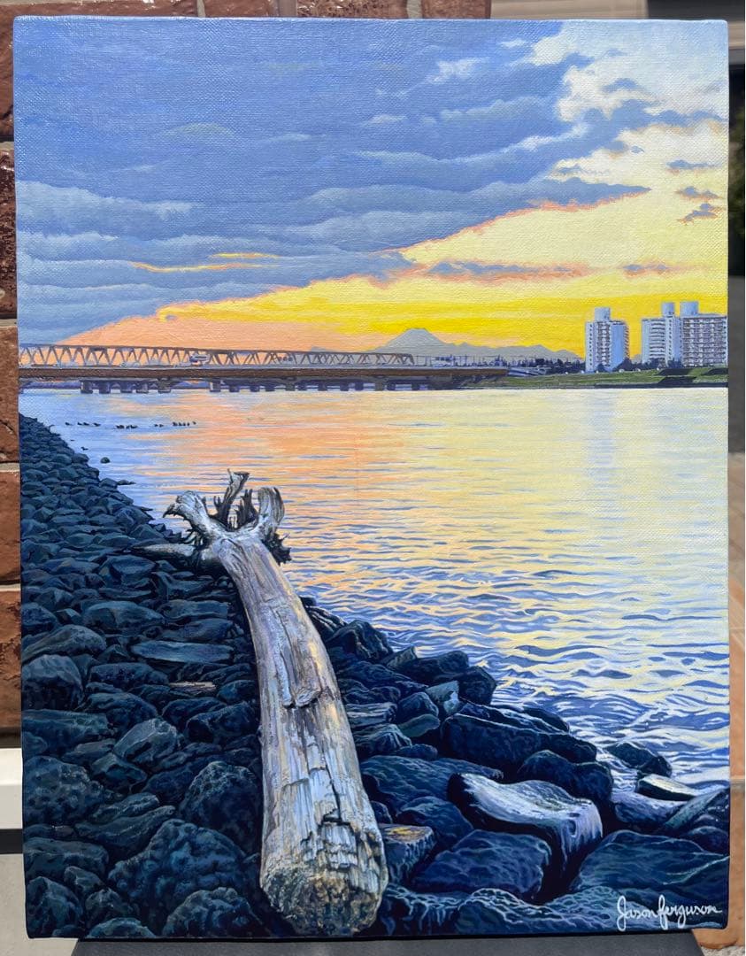 リアルな風景画、キャンバスに描かれたアクリル画、署名入り