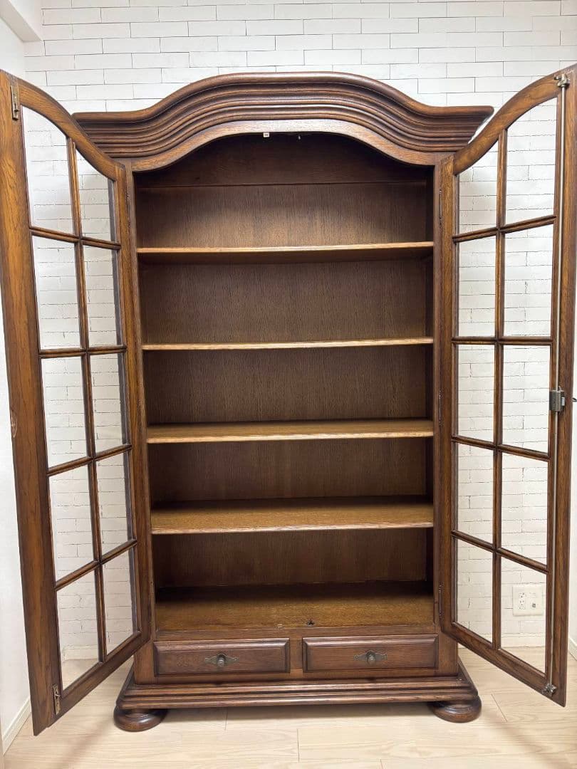 オランダ家具 オーク無垢材 ガラス扉キャビネット/本棚/食器棚/飾り棚