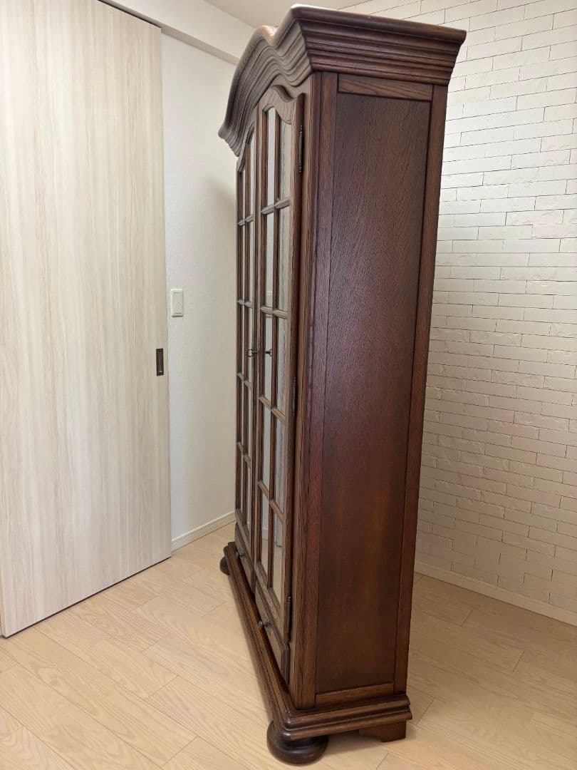 オランダ家具 オーク無垢材 ガラス扉キャビネット/本棚/食器棚/飾り棚