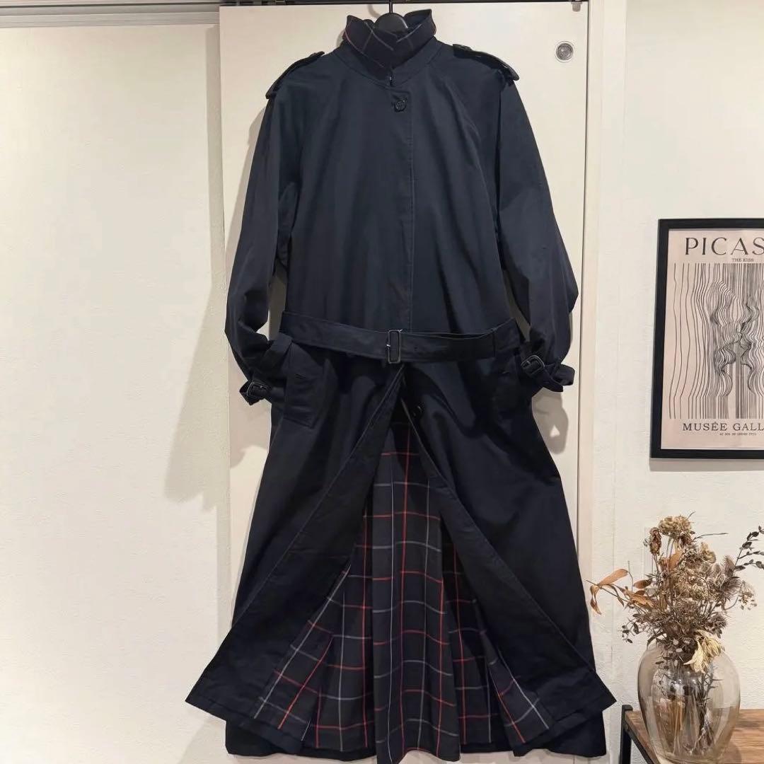 美品‼️バーバリー　ステンカラーコート　裏地ノバチェック ネイビー 高品質マキシ丈