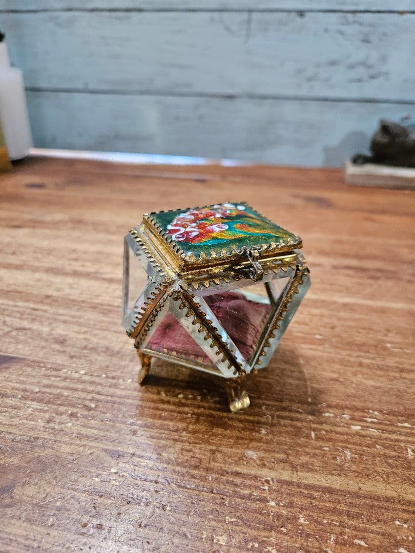 フランスアンティーク カットガラスの宝石箱 全面ベベル硝子 ジュエリーボックス