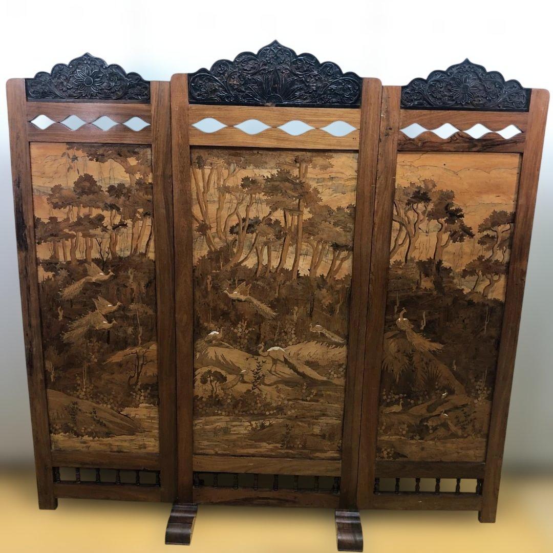 昭和52年製 木象嵌 三連衝立 松に孔雀 瑞鳥 神戸税関検査印 260117-1