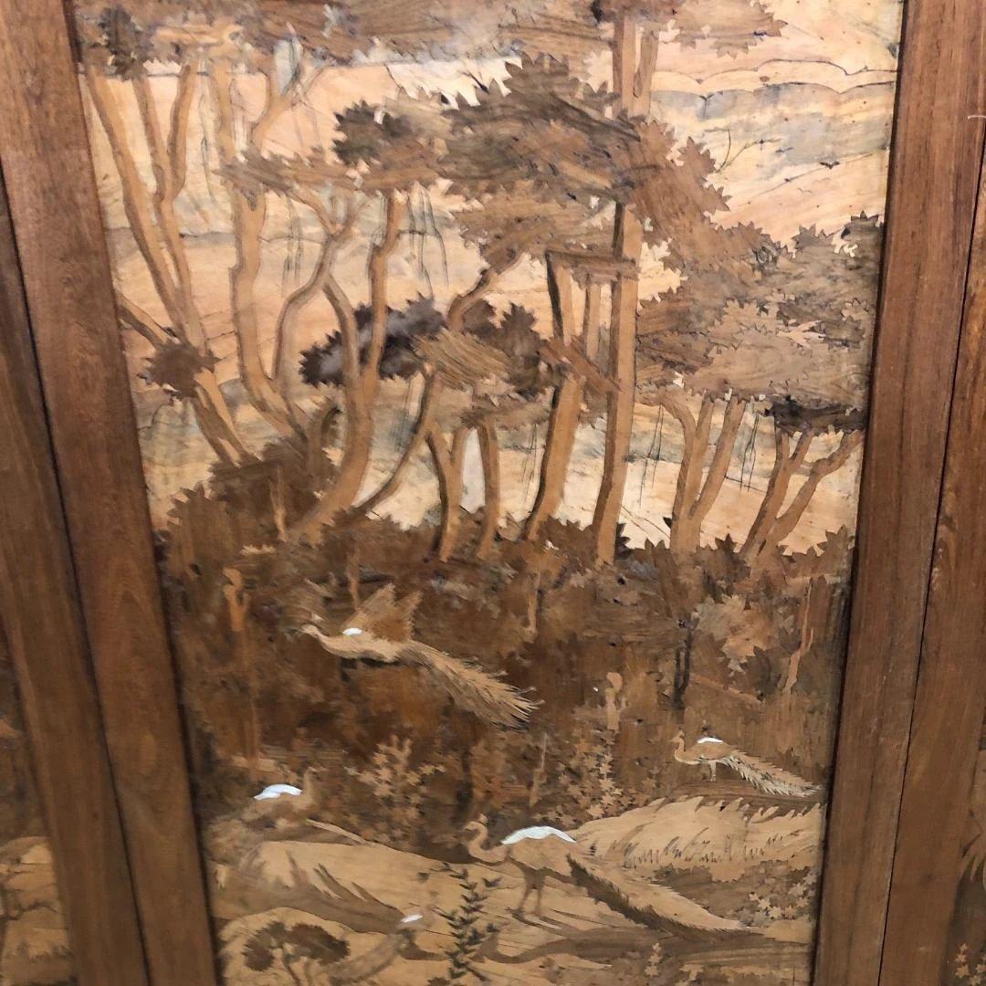 昭和52年製 木象嵌 三連衝立 松に孔雀 瑞鳥 神戸税関検査印 260117-1