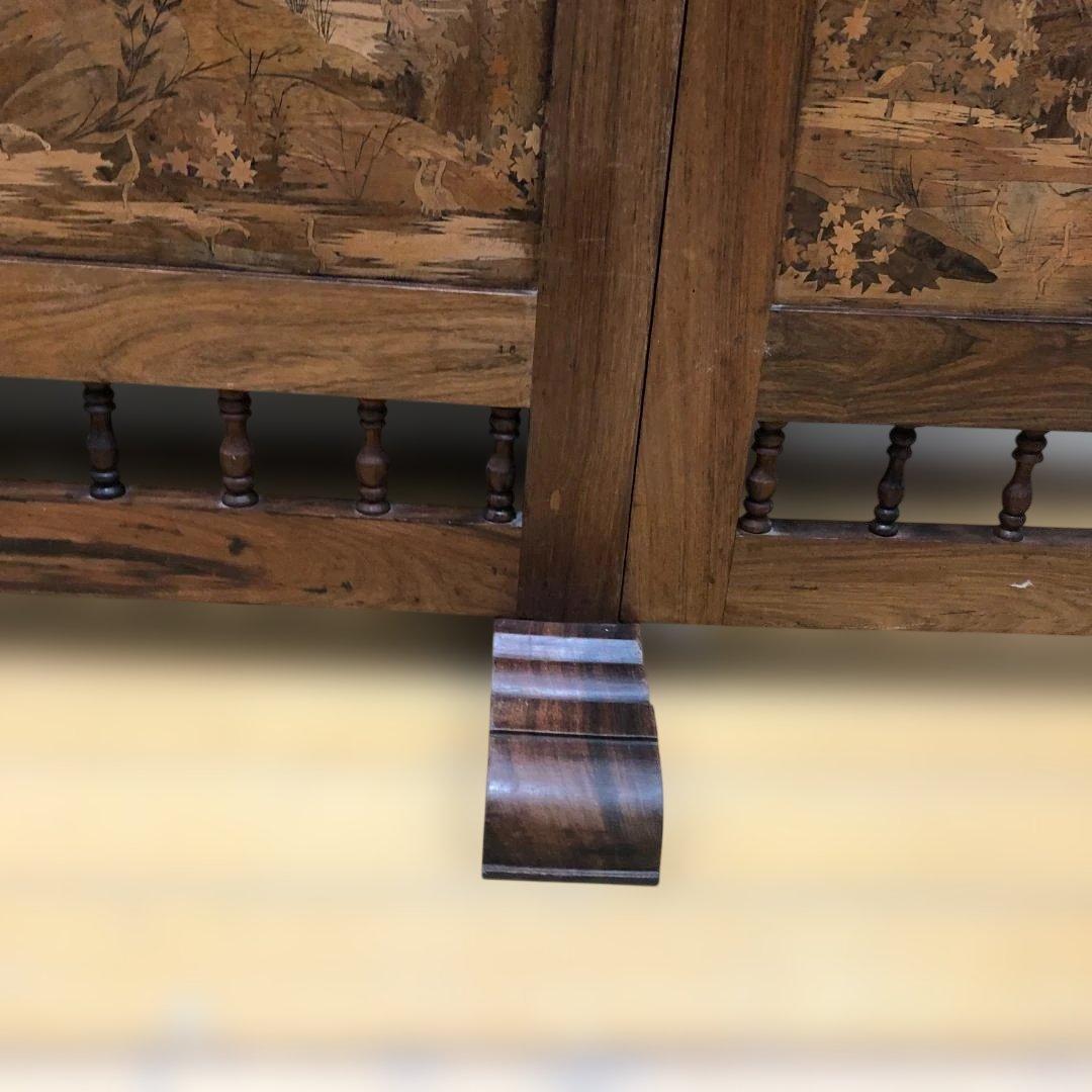 昭和52年製 木象嵌 三連衝立 松に孔雀 瑞鳥 神戸税関検査印 260117-1