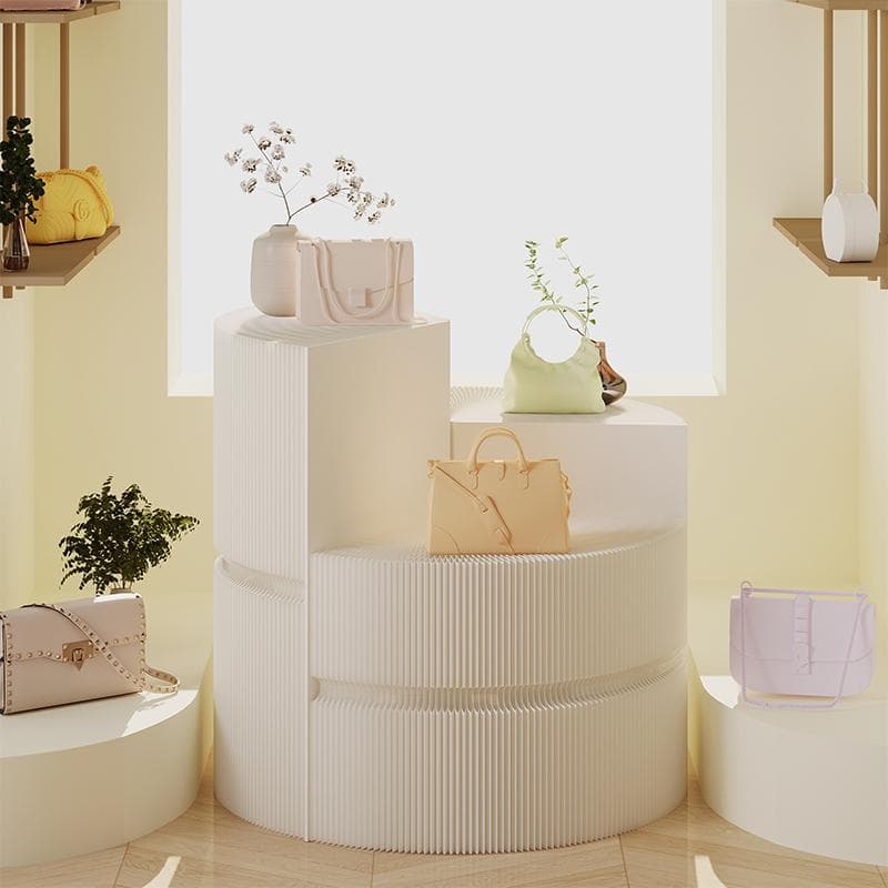 ホワイト階段円柱型ディスプレイ台直径100cm高さ78㎝ 陳列台 組立不要展示会