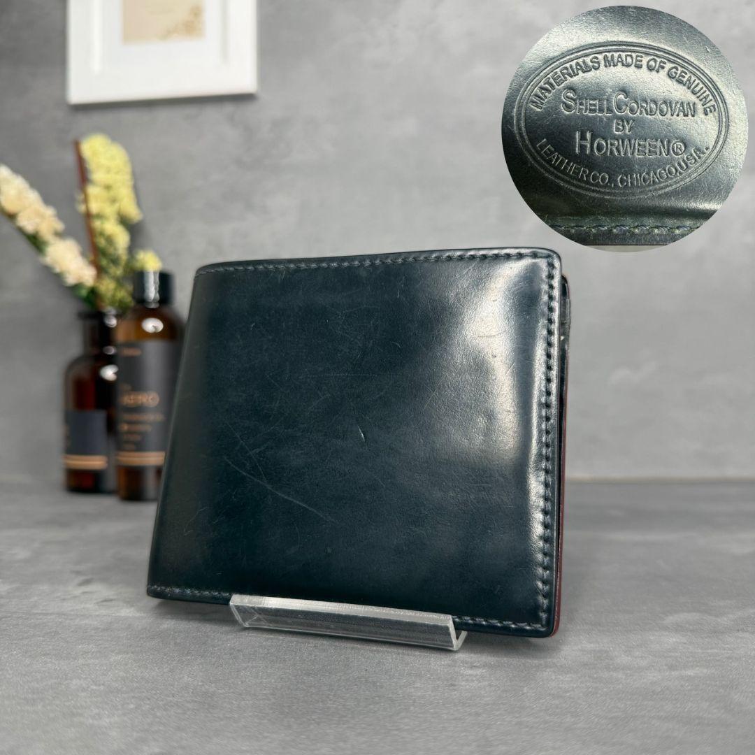 【訳アリ品】GANZO シェルコードバン2 ２つ折り財布 小銭入れ付き ネイビー