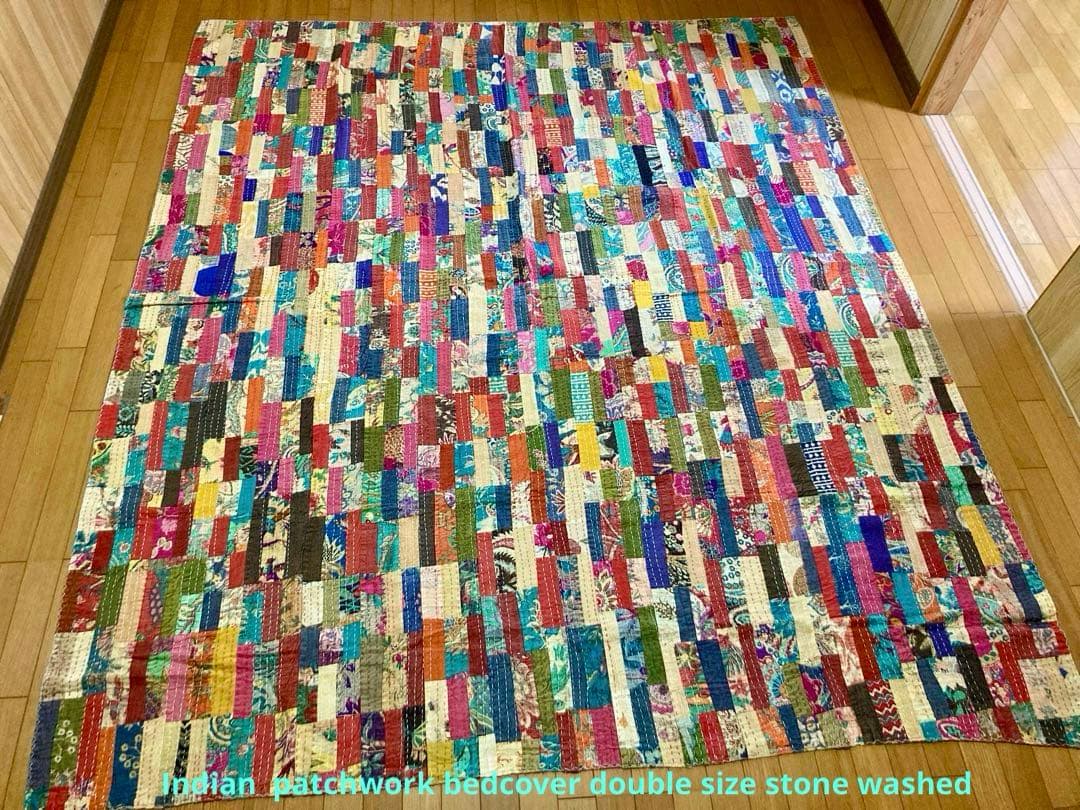 インド　ダブルサイズ　パッチワーク　ストーンウォッシュ×花柄